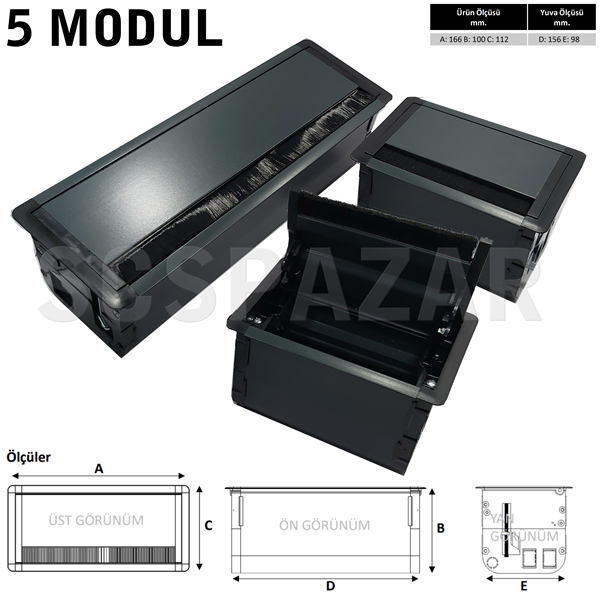 5 MODÜL MASA ÜSTÜ KAPAKLI PRİZ KUTUSU ELOKSAL